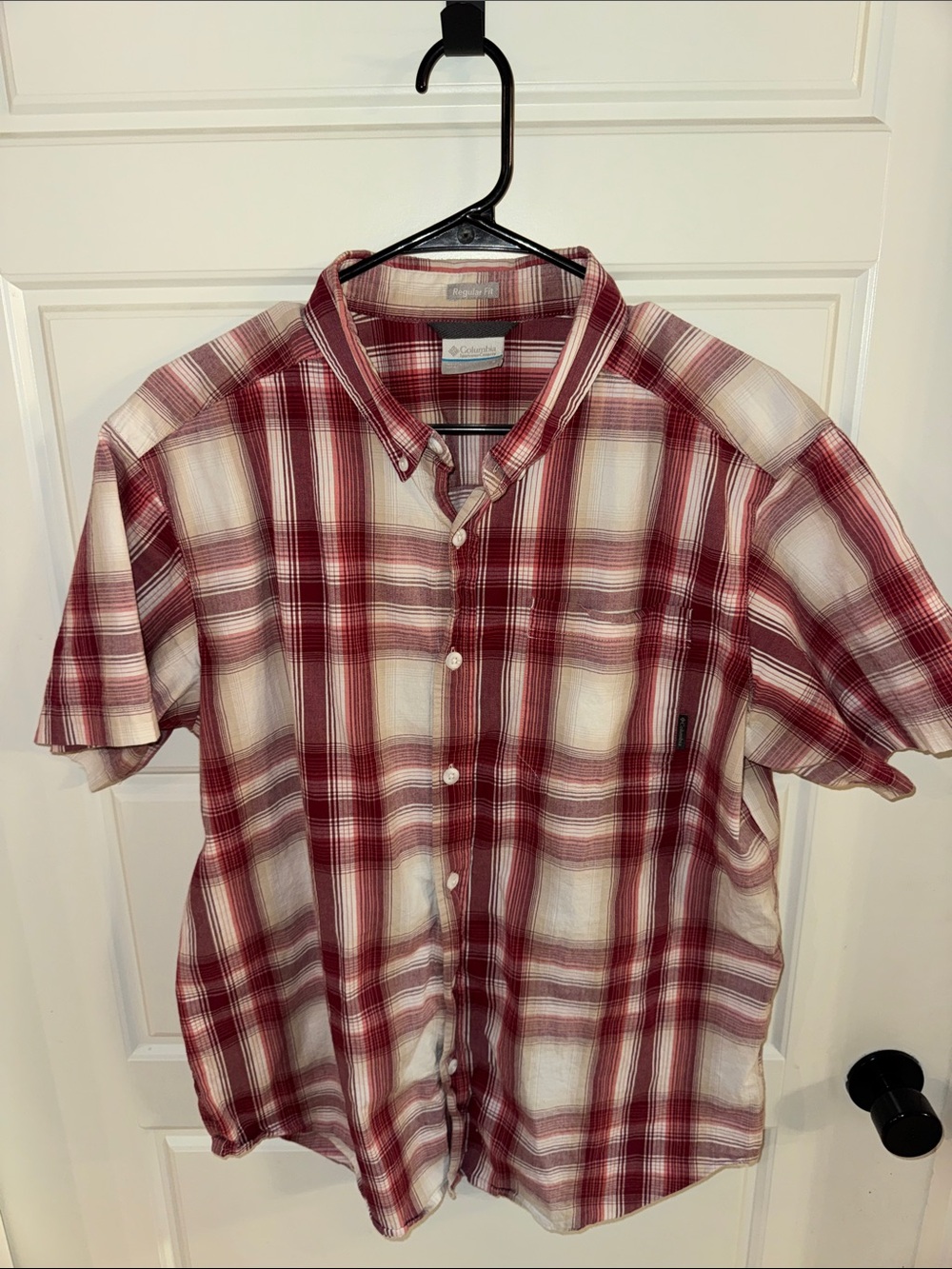Columbia Men’s Short Sleeve Burgundy and White Plaid Button-Down Shirt